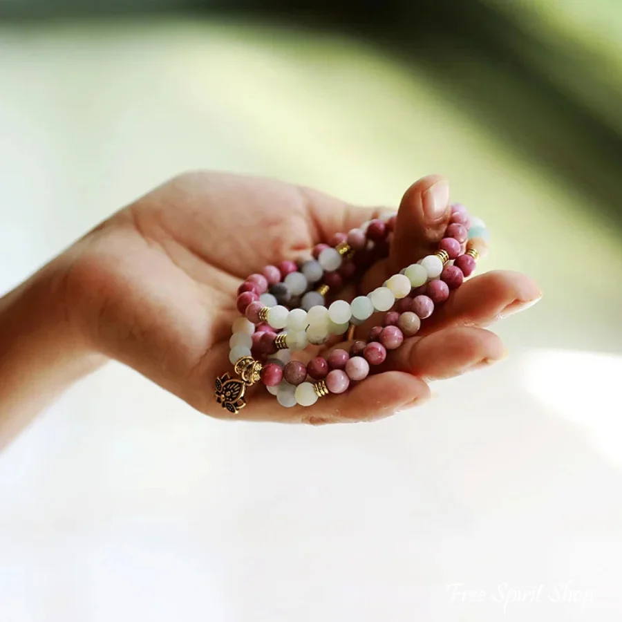 108 Natural Amazonite & Rhodonite Mala With Lotus Flower Charm - Image 6