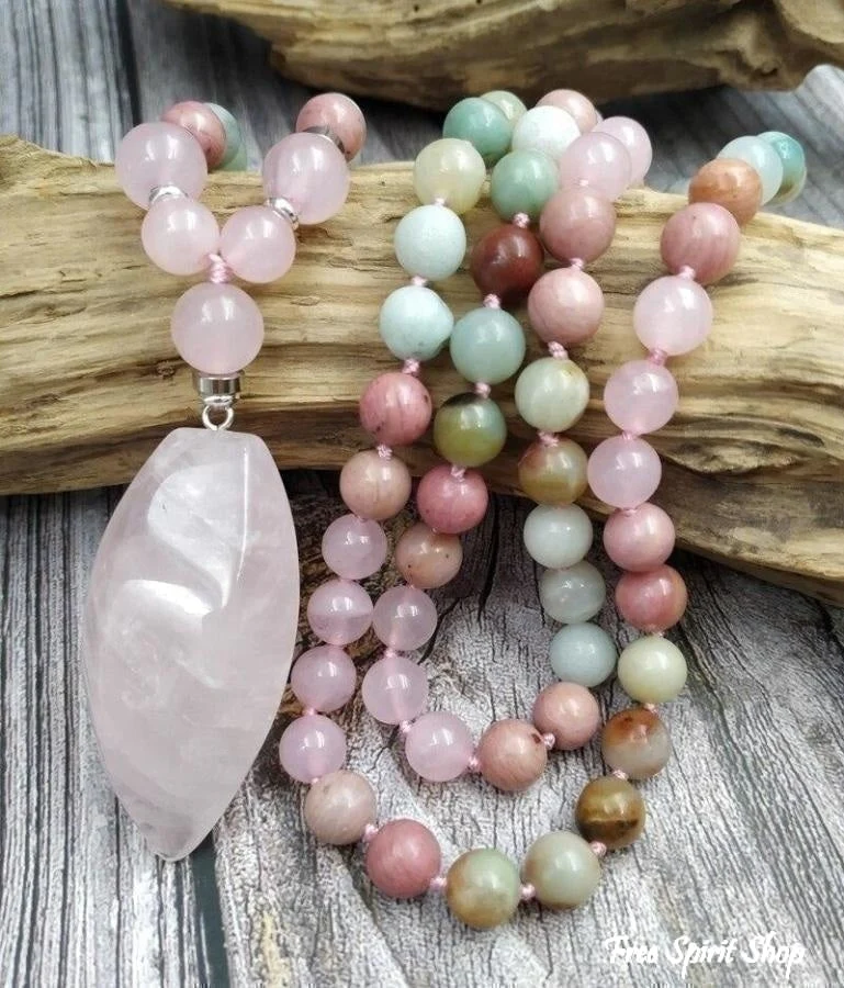 108 Natural Amazonite Rose Quartz & Rhodonite Mala Necklace - Image 2