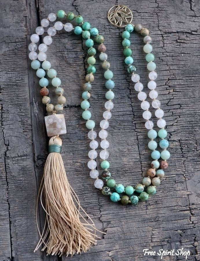 108 Natural Amazonite Turquoise & Clear Quartz Mala Bead Necklace - Image 3