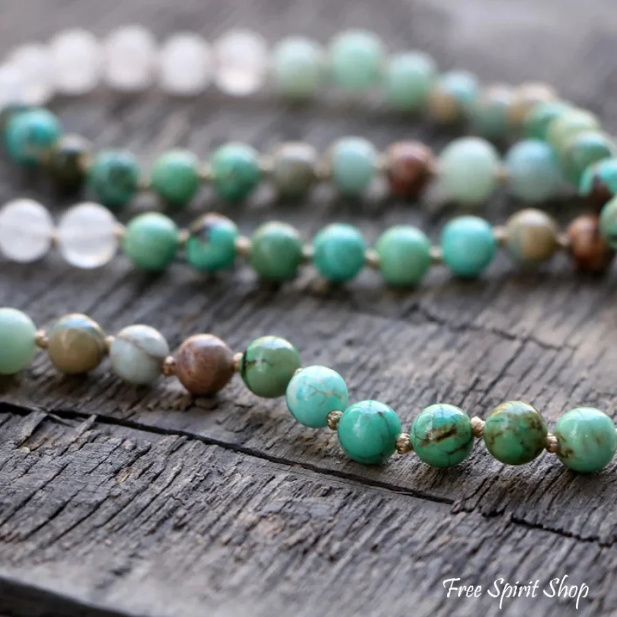 108 Natural Amazonite Turquoise & Clear Quartz Mala Bead Necklace - Image 4