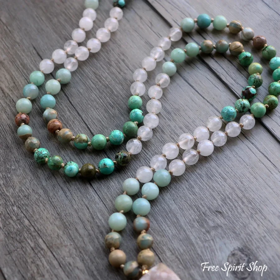 108 Natural Amazonite Turquoise & Clear Quartz Mala Bead Necklace - Image 5