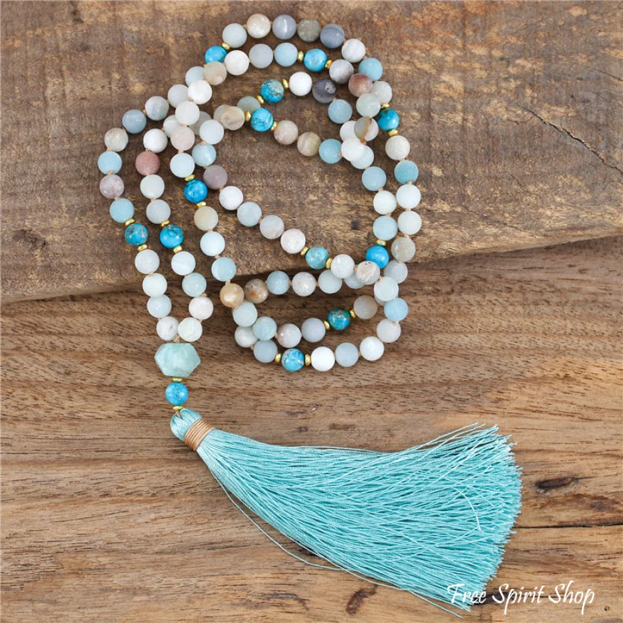 108 Natural Amazonite & Turquoise Jasper Mala Bead Necklace - Image 2