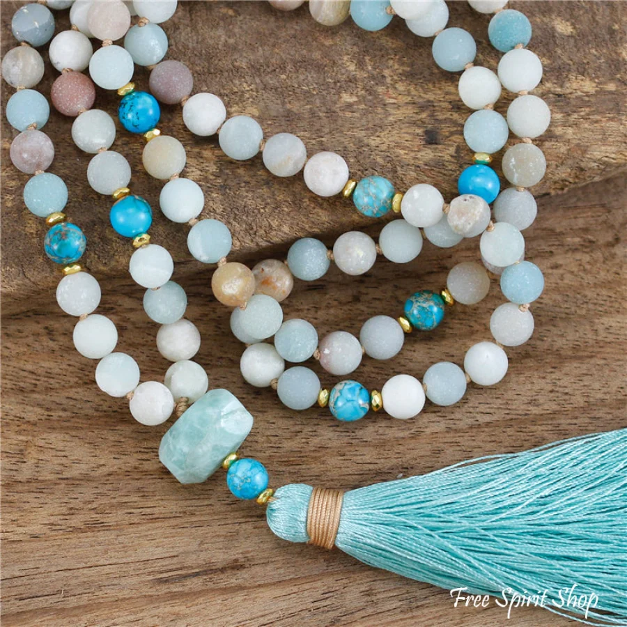 108 Natural Amazonite & Turquoise Jasper Mala Bead Necklace - Image 3