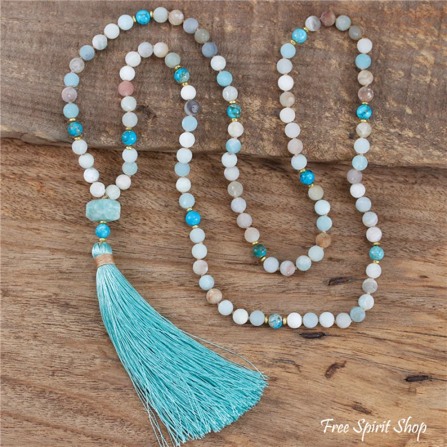 108 Natural Amazonite & Turquoise Jasper Mala Bead Necklace - Image 4