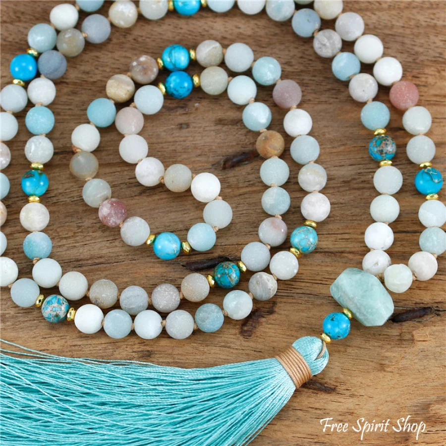 108 Natural Amazonite & Turquoise Jasper Mala Bead Necklace - Image 5