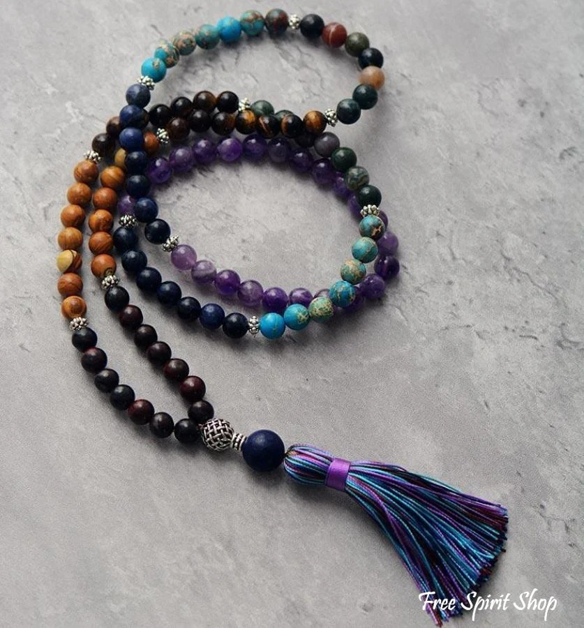 108 Natural Amethyst Agate & Jasper Mala Bead Necklace - Image 3