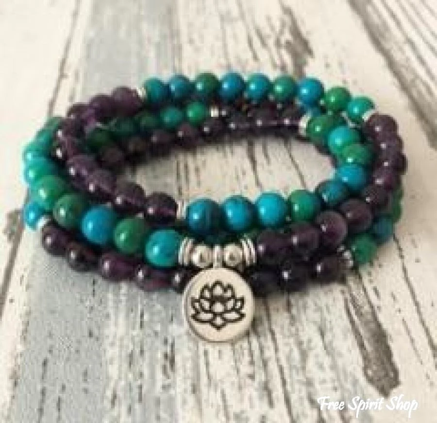 108 Natural Amethyst & Chrysocolla Mala Bead Bracelet - Image 4