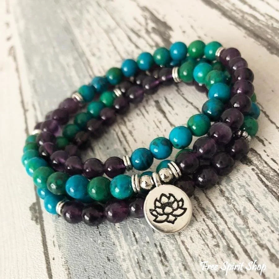 108 Natural Amethyst & Chrysocolla Mala Bead Bracelet - Image 6