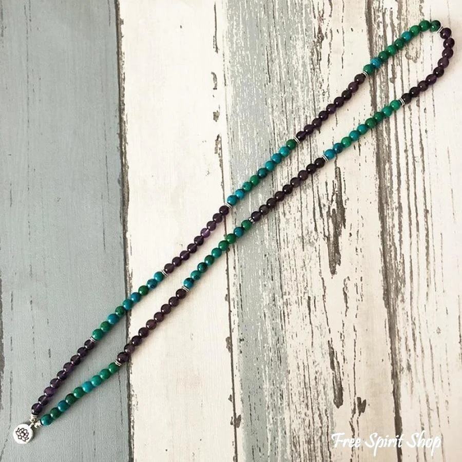 108 Natural Amethyst & Chrysocolla Mala Bead Bracelet - Image 7