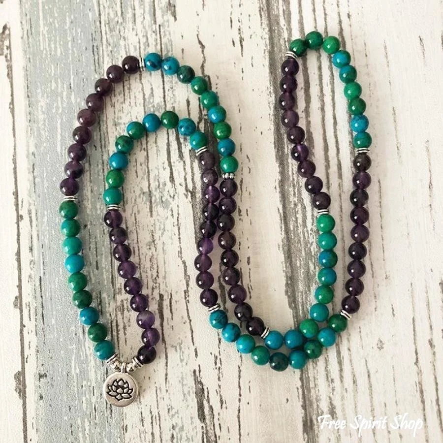 108 Natural Amethyst & Chrysocolla Mala Bead Bracelet - Image 8