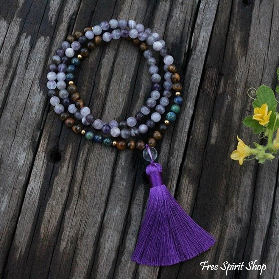 108 Natural Amethyst Crazy Lapis & Tiger Eye Gemstone Bead Mala Necklace - Image 3