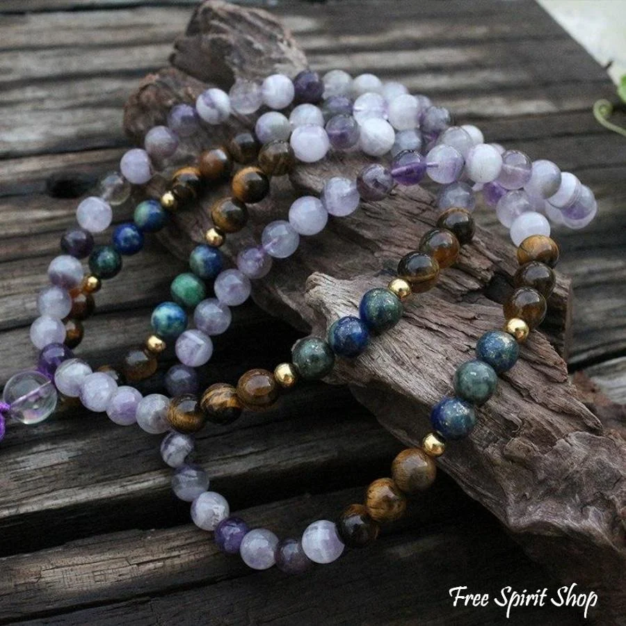 108 Natural Amethyst Crazy Lapis & Tiger Eye Gemstone Bead Mala Necklace - Image 4