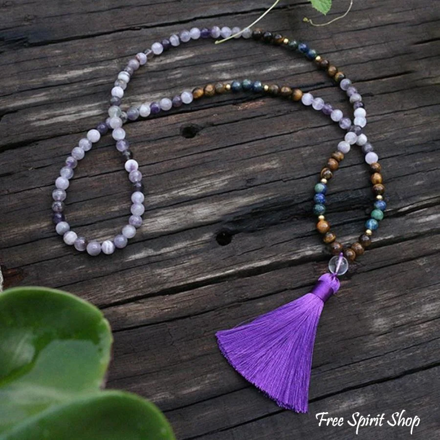 108 Natural Amethyst Crazy Lapis & Tiger Eye Gemstone Bead Mala Necklace - Image 5
