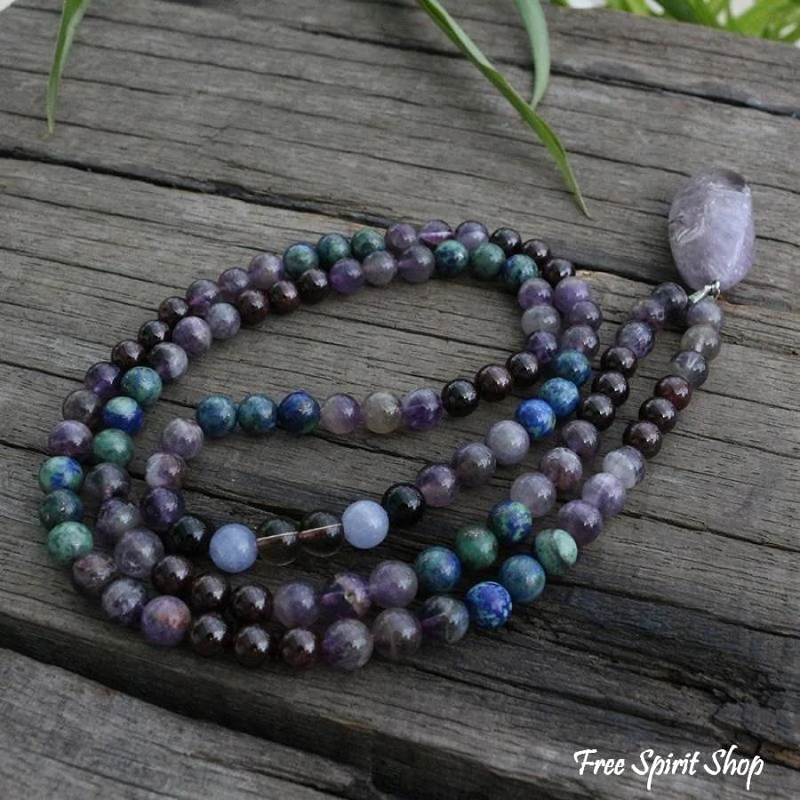 108 Natural Amethyst & Garnet Mala Bead Necklace / Bracelet - Image 3