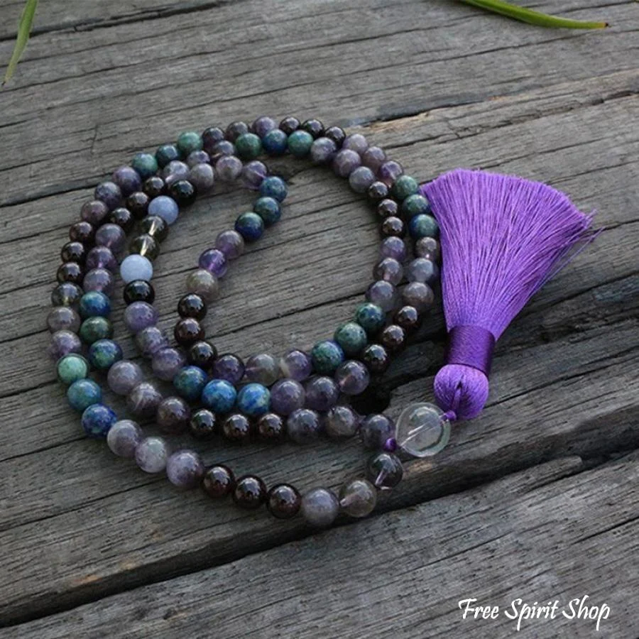 108 Natural Amethyst & Garnet Mala Bead Necklace / Bracelet - Image 6