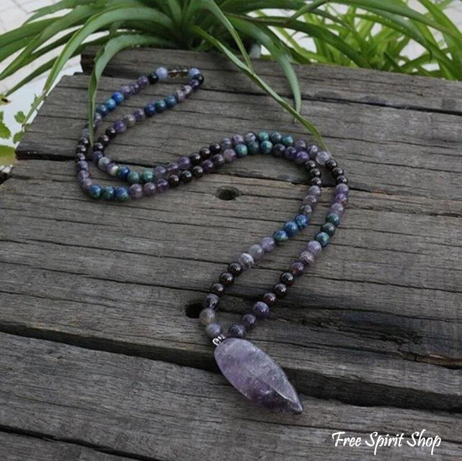 108 Natural Amethyst & Garnet Mala Bead Necklace / Bracelet - Image 8
