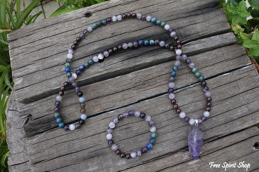 108 Natural Amethyst & Garnet Mala Bead Necklace / Bracelet - Image 9