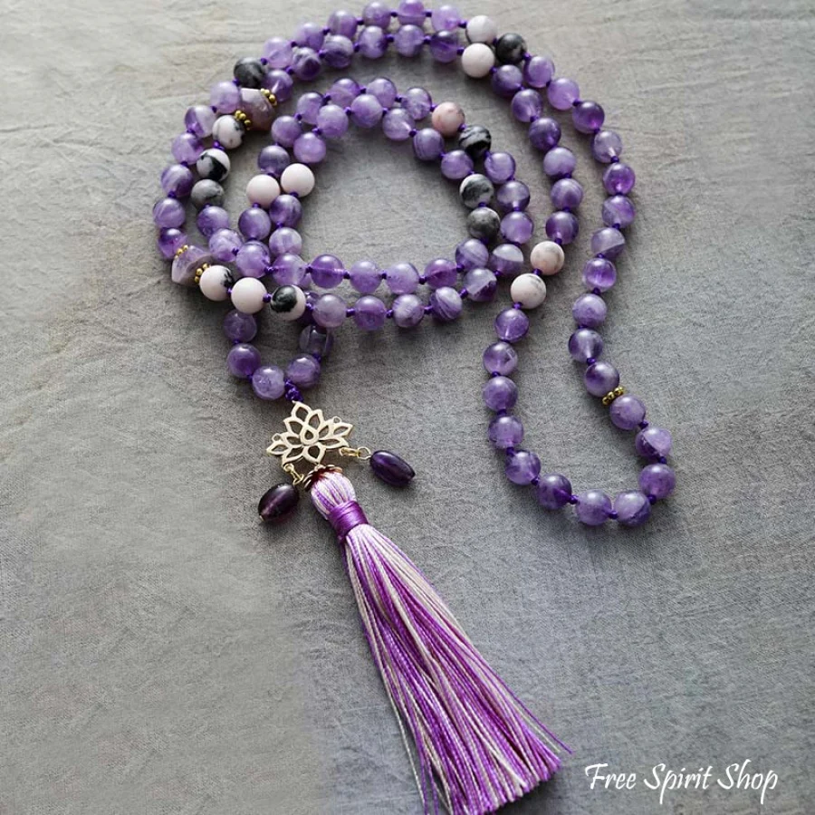 108 Natural Amethyst & Lotus Flower Charm Mala Bead Necklace