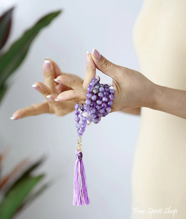 108 Natural Amethyst & Lotus Flower Charm Mala Bead Necklace - Image 2