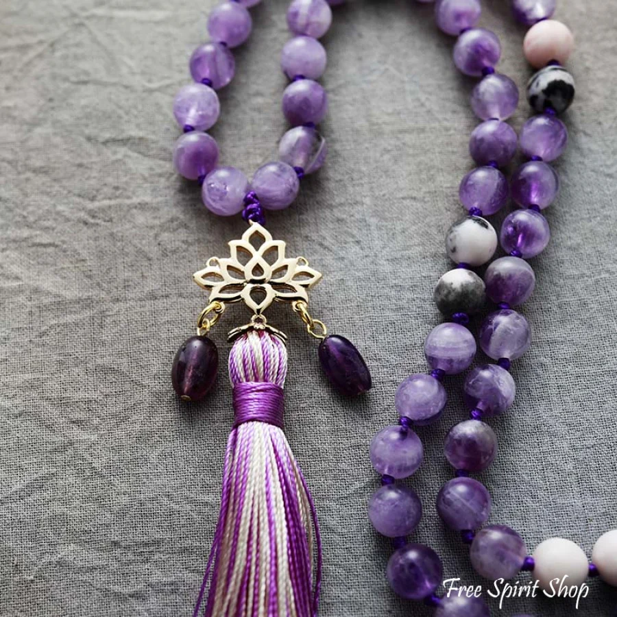 108 Natural Amethyst & Lotus Flower Charm Mala Bead Necklace - Image 3