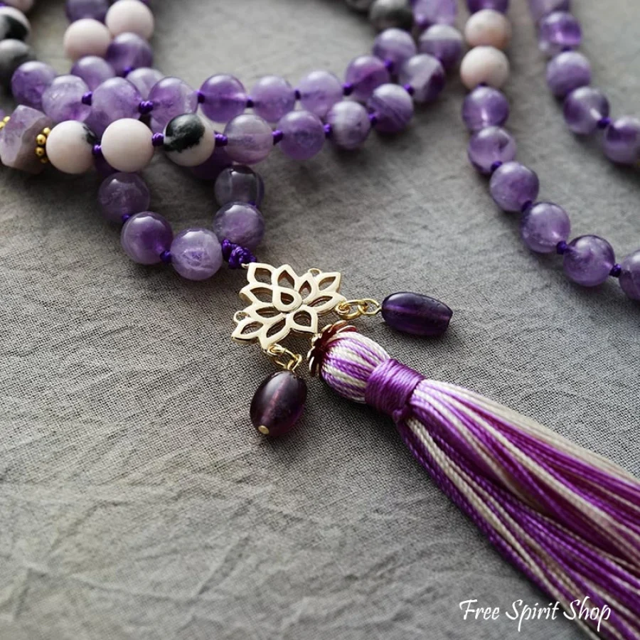 108 Natural Amethyst & Lotus Flower Charm Mala Bead Necklace - Image 4