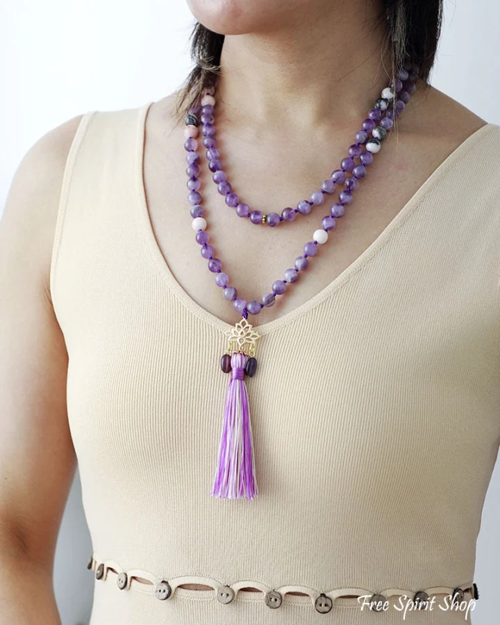 108 Natural Amethyst & Lotus Flower Charm Mala Bead Necklace - Image 5