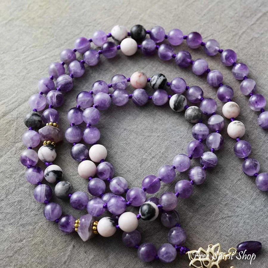 108 Natural Amethyst & Lotus Flower Charm Mala Bead Necklace - Image 6