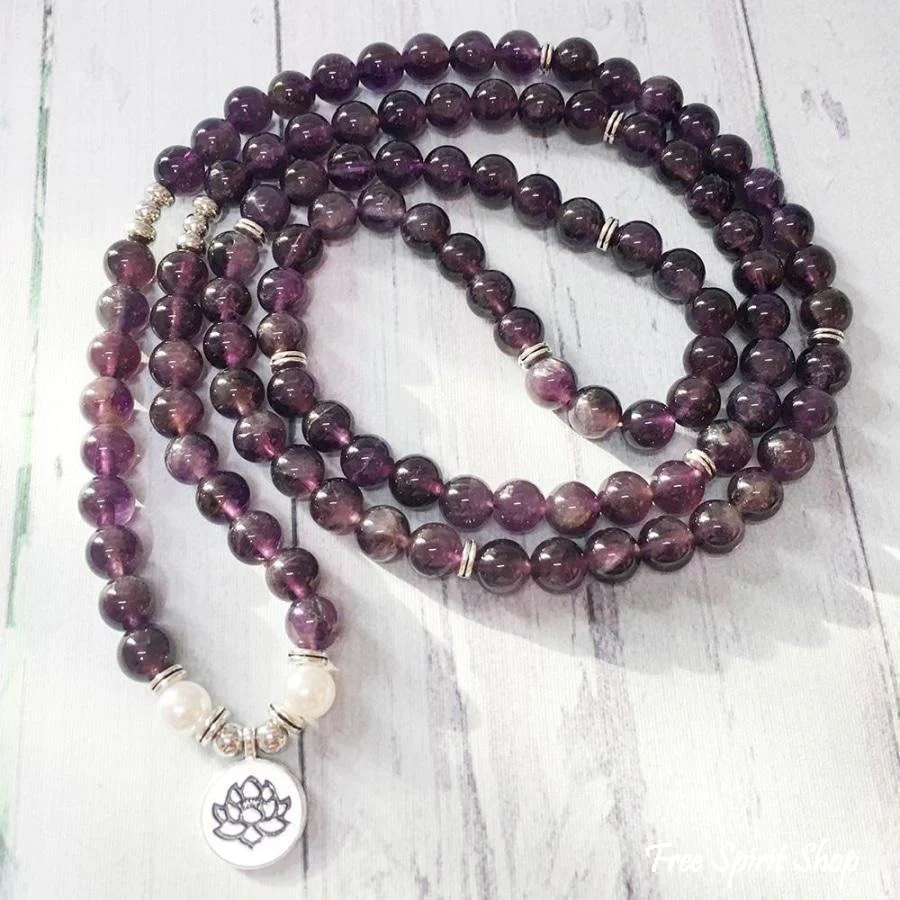 108 Natural Amethyst & Pearl Mala Bead Bracelet