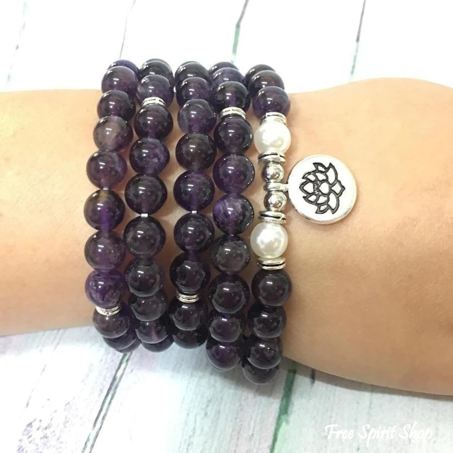 108 Natural Amethyst & Pearl Mala Bead Bracelet - Image 2
