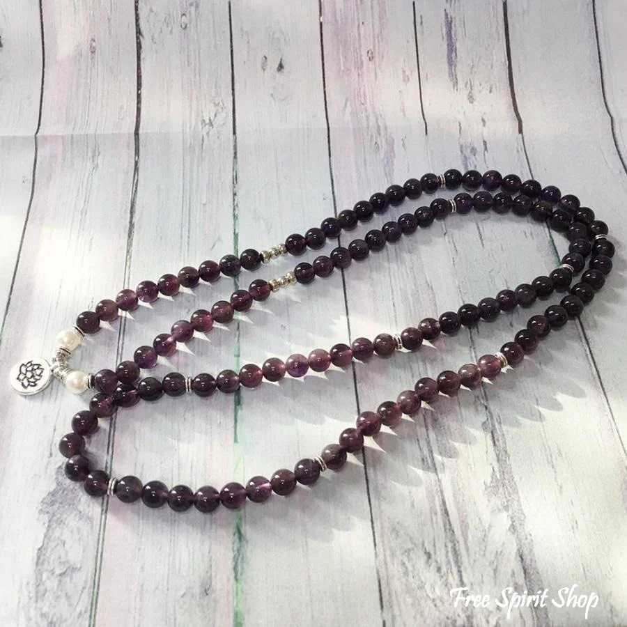 108 Natural Amethyst & Pearl Mala Bead Bracelet - Image 3
