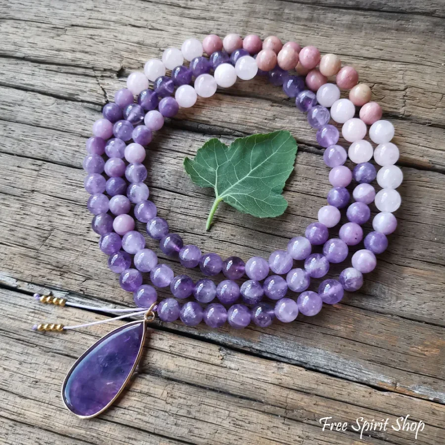 108 Natural Amethyst Rose Quartz & Rhodonite Mala Bead Necklace - Image 2