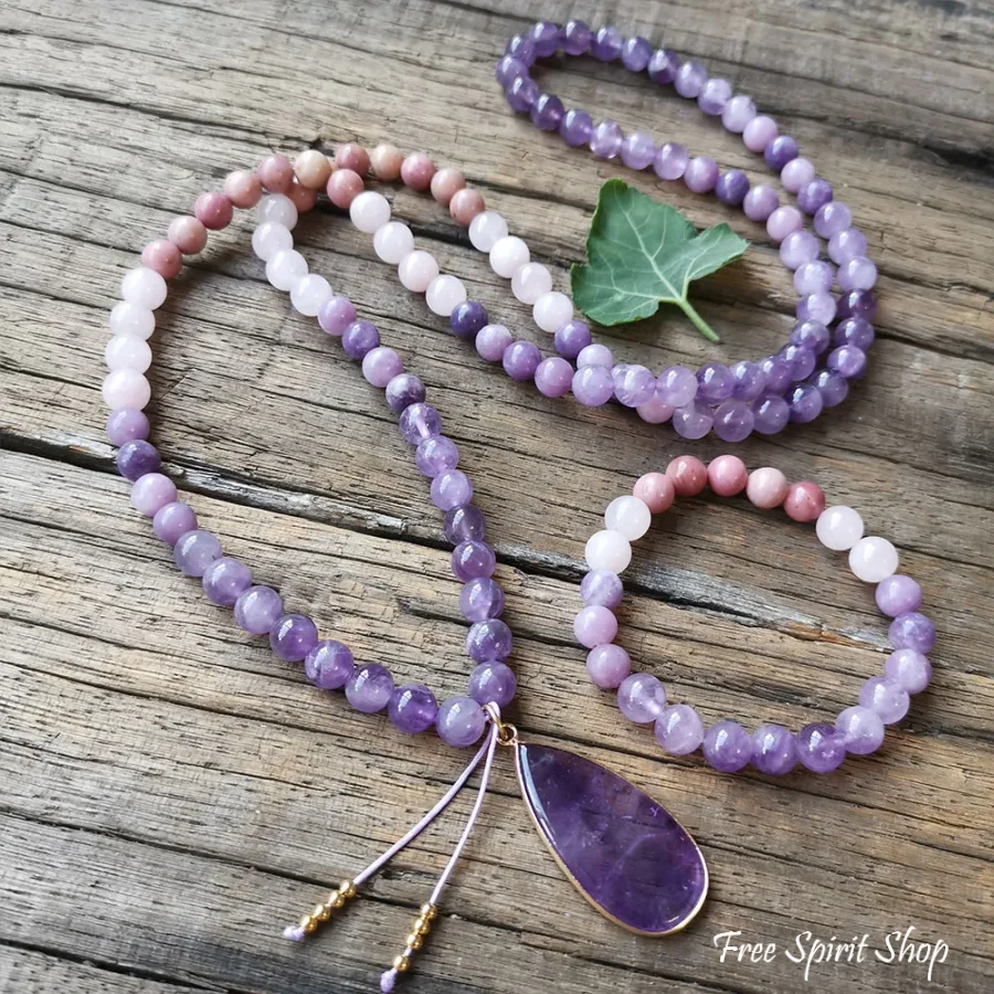 108 Natural Amethyst Rose Quartz & Rhodonite Mala Bead Necklace - Image 3