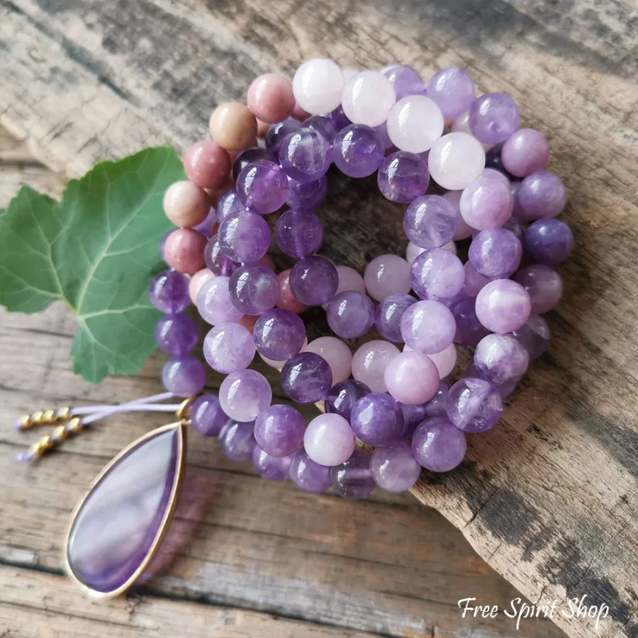 108 Natural Amethyst Rose Quartz & Rhodonite Mala Bead Necklace - Image 5