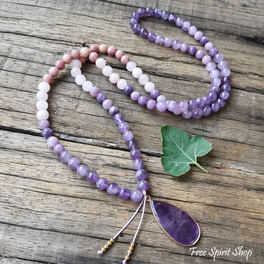 108 Natural Amethyst Rose Quartz & Rhodonite Mala Bead Necklace - Image 6