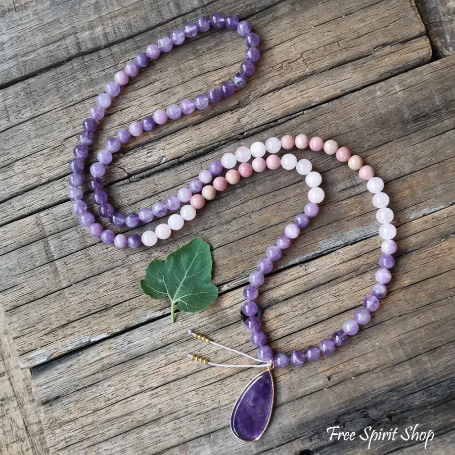 108 Natural Amethyst Rose Quartz & Rhodonite Mala Bead Necklace - Image 7
