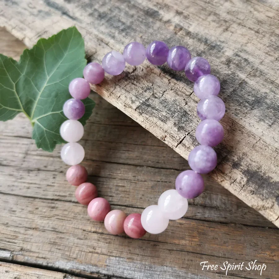 108 Natural Amethyst Rose Quartz & Rhodonite Mala Bead Necklace - Image 8
