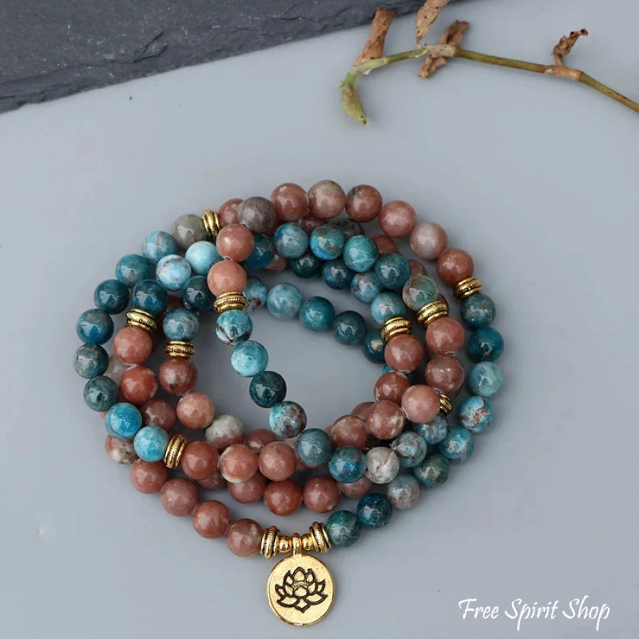 108 Natural Aqua Apatite & Red Stone Mala Bracelet - Image 3