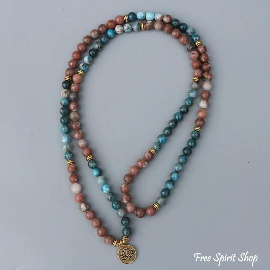 108 Natural Aqua Apatite & Red Stone Mala Bracelet - Image 6