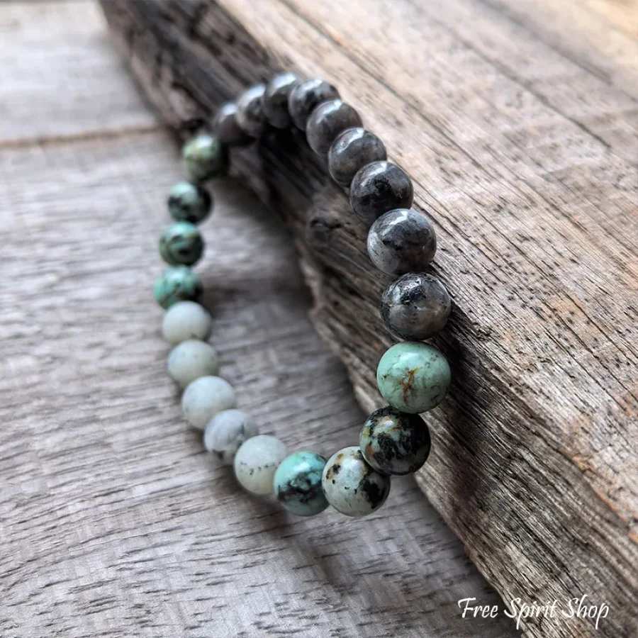 108 Natural Black Labradorite & African Turquoise Mala Bead Necklace - Image 3