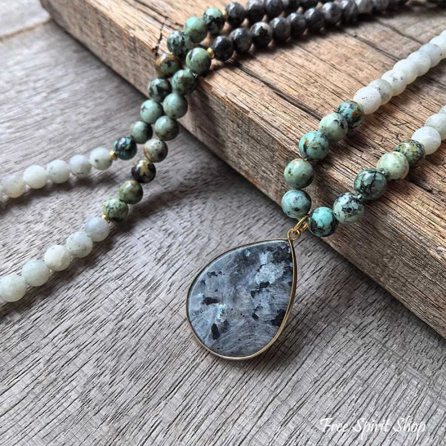 108 Natural Black Labradorite & African Turquoise Mala Bead Necklace - Image 4