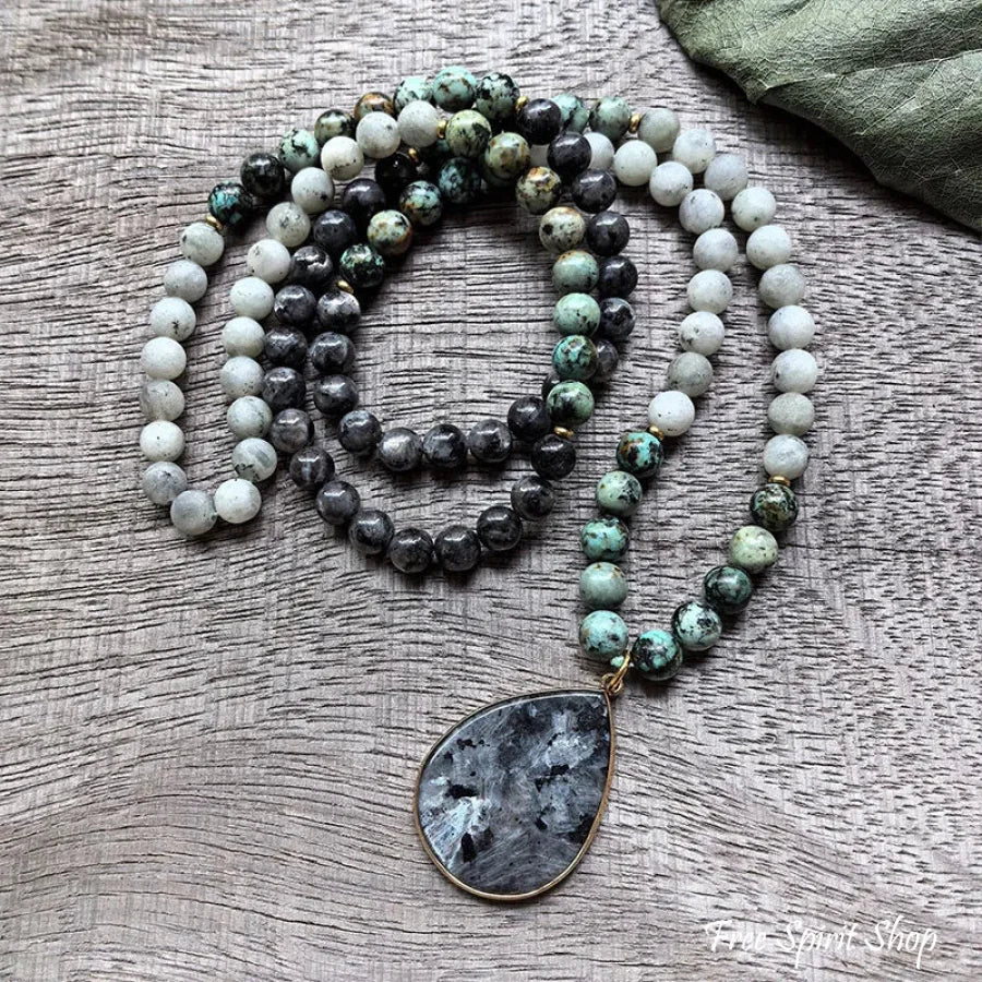 108 Natural Black Labradorite & African Turquoise Mala Bead Necklace - Image 5