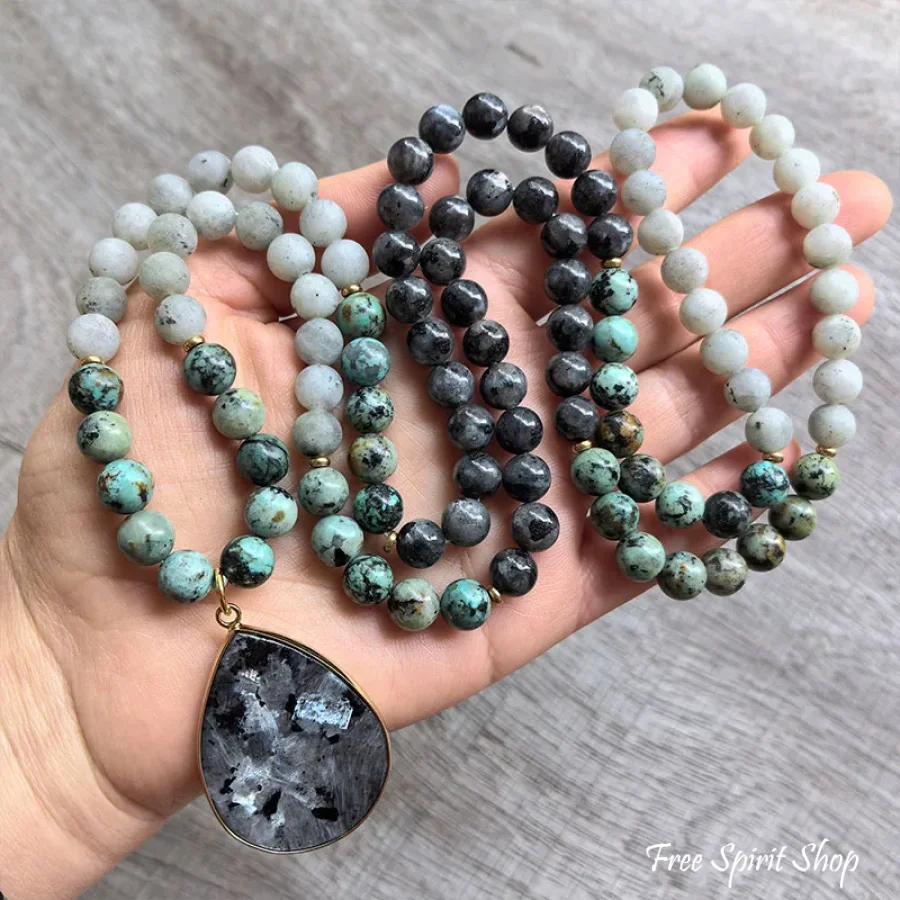 108 Natural Black Labradorite & African Turquoise Mala Bead Necklace - Image 6