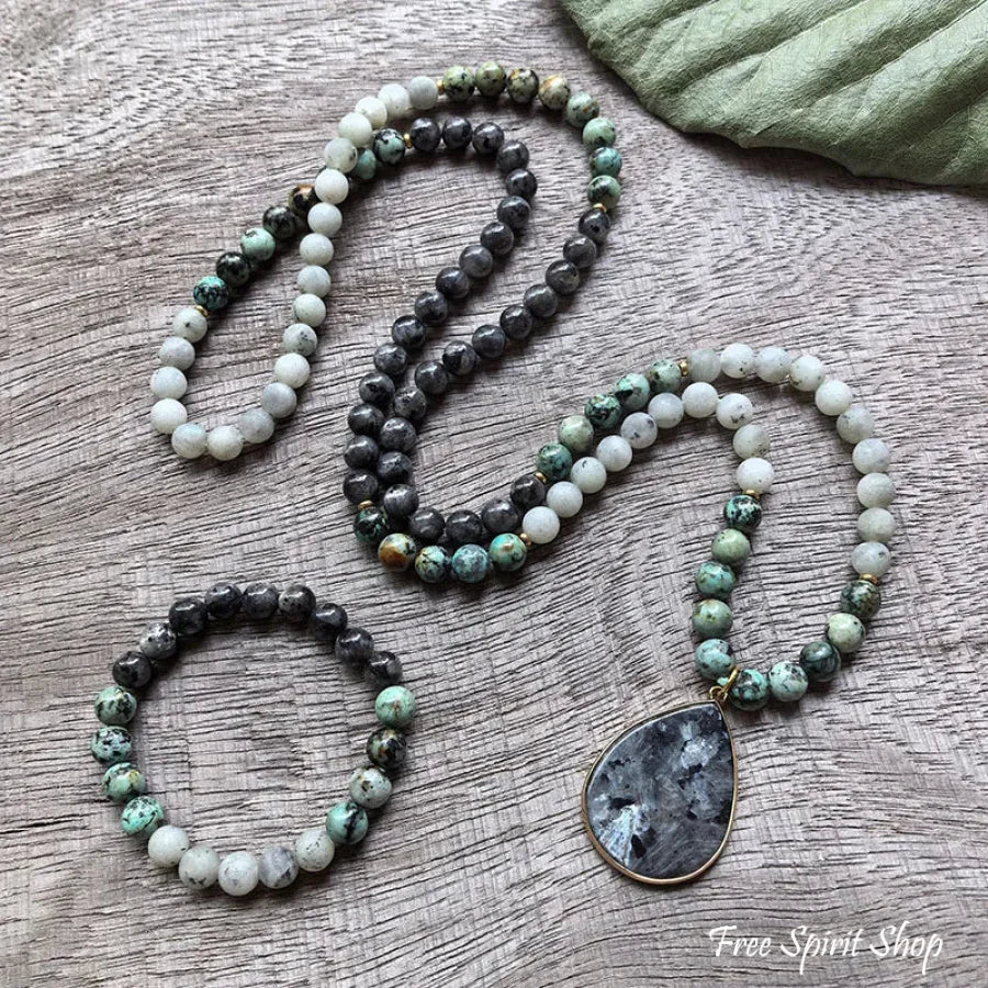 108 Natural Black Labradorite & African Turquoise Mala Bead Necklace - Image 7