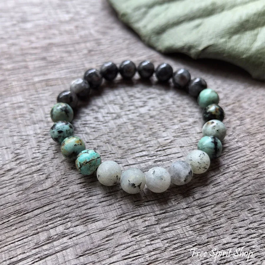 108 Natural Black Labradorite & African Turquoise Mala Bead Necklace - Image 8