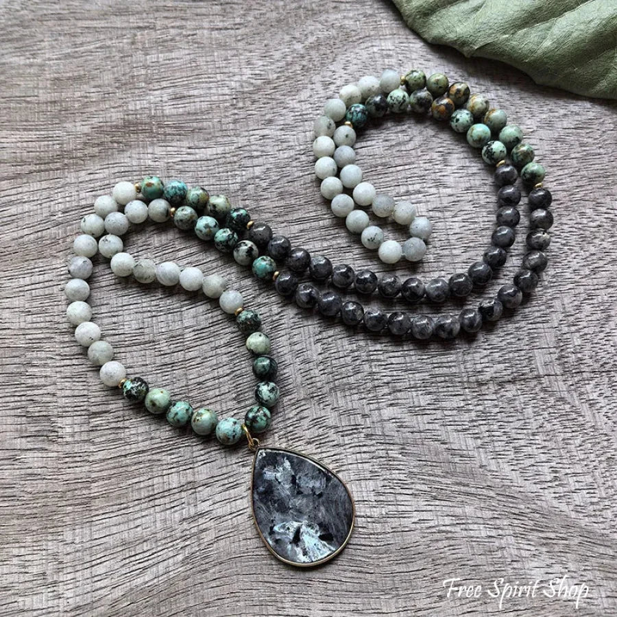 108 Natural Black Labradorite & African Turquoise Mala Bead Necklace - Image 9