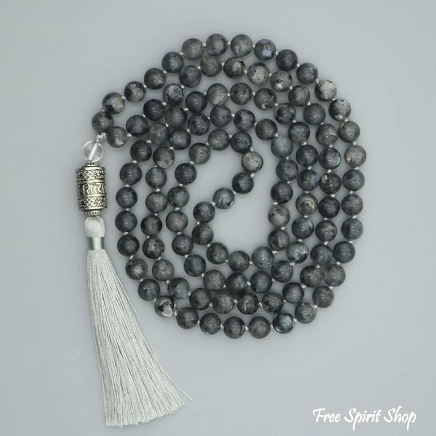 108 Natural Black Labradorite & Mantra Wheel Mala Bead Necklace - Image 5