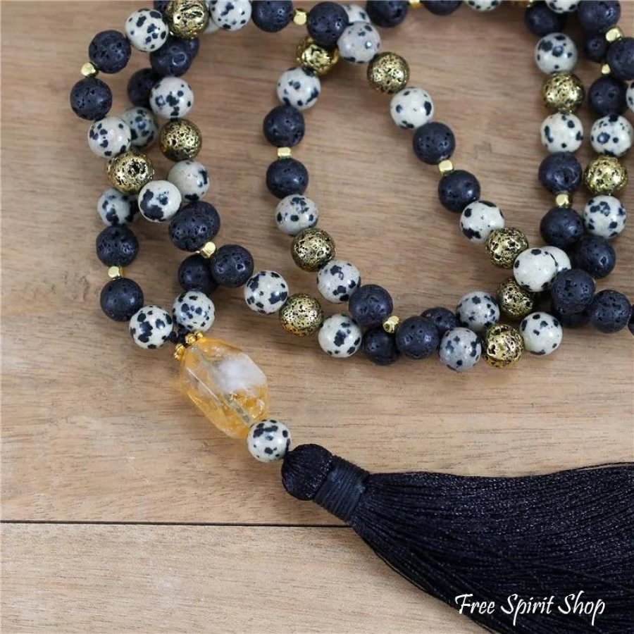 108 Natural Black Lava Dalmatian Jasper & Citrine Mala Bead Necklace - Image 2