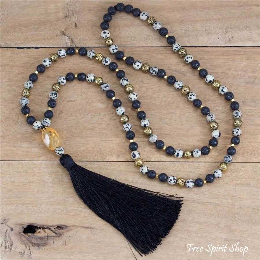 108 Natural Black Lava Dalmatian Jasper & Citrine Mala Bead Necklace - Image 3