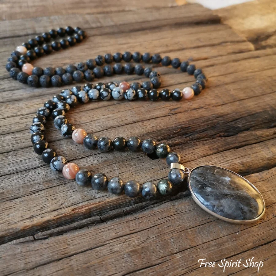 108 Natural Black Lava Stone Snowflake Obsidian Sunstone & Labradorite Mala Bead Necklace - Image 2