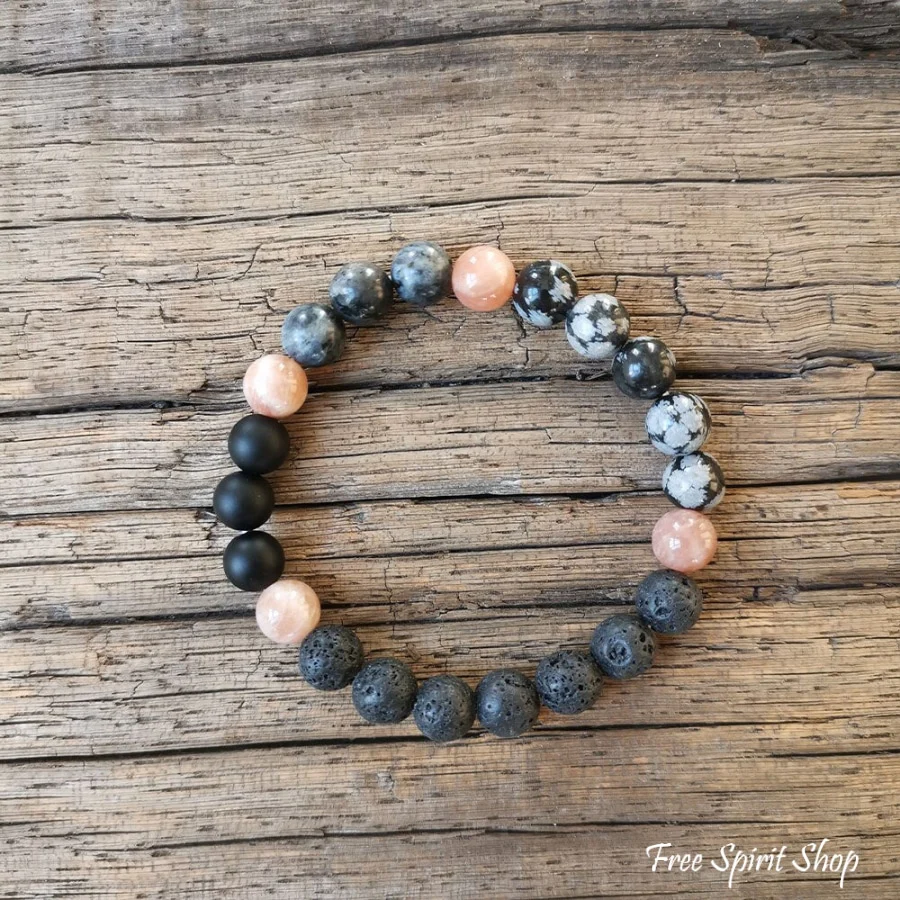 108 Natural Black Lava Stone Snowflake Obsidian Sunstone & Labradorite Mala Bead Necklace - Image 3